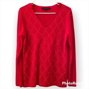 #21 Tommy Hilfiger Sweater Red Gold Studs WM SZ M V Neck 🥰